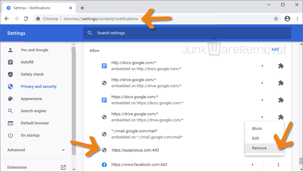 Browser settings content notifications